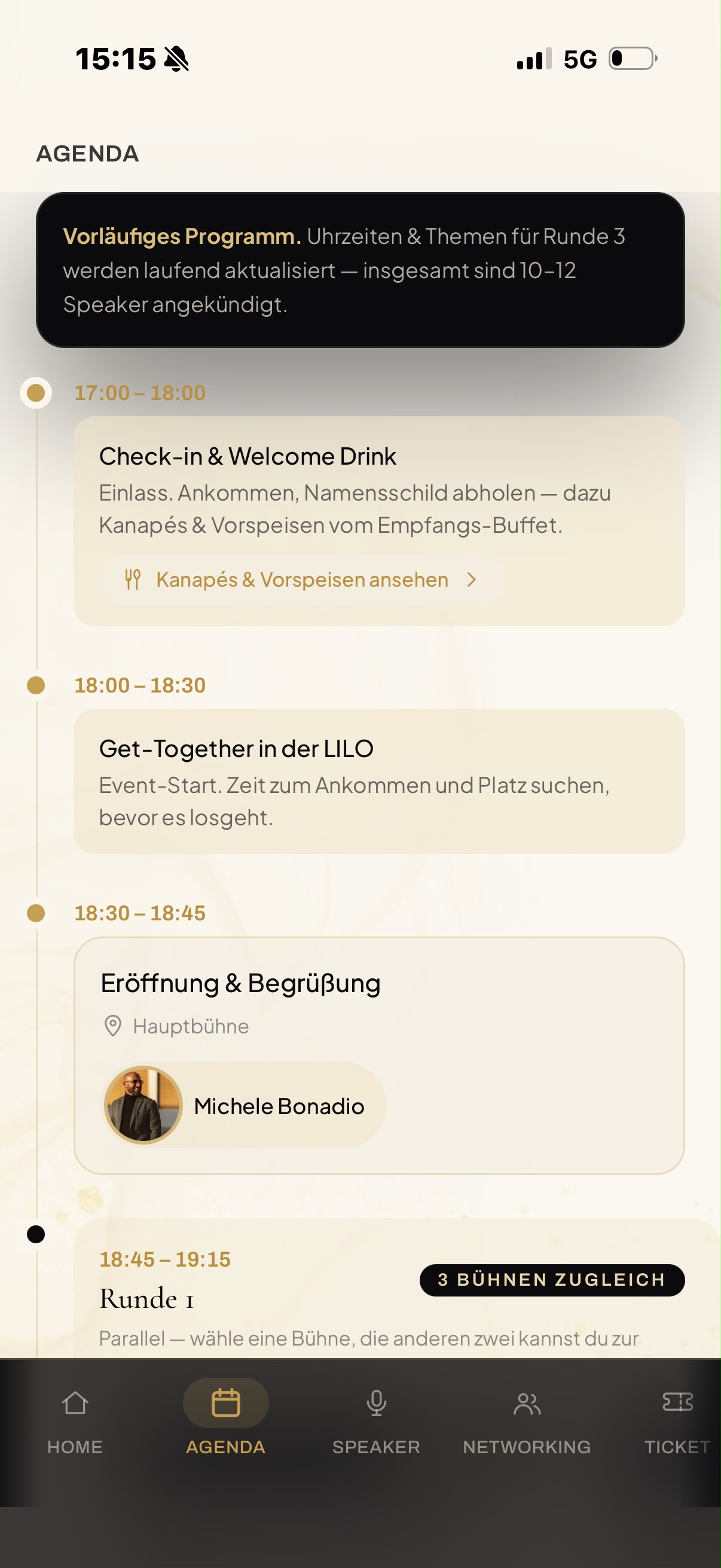 Agenda der IR-App mit Uhrzeiten und Programmpunkten