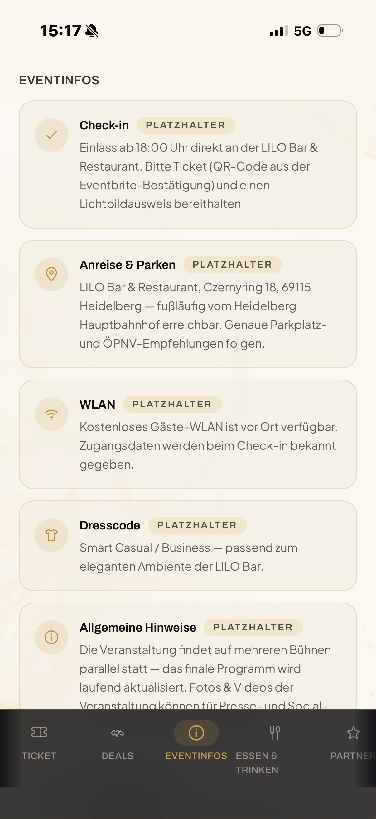 Eventinformationen der IR-App zu Check-in, Anreise und Parken