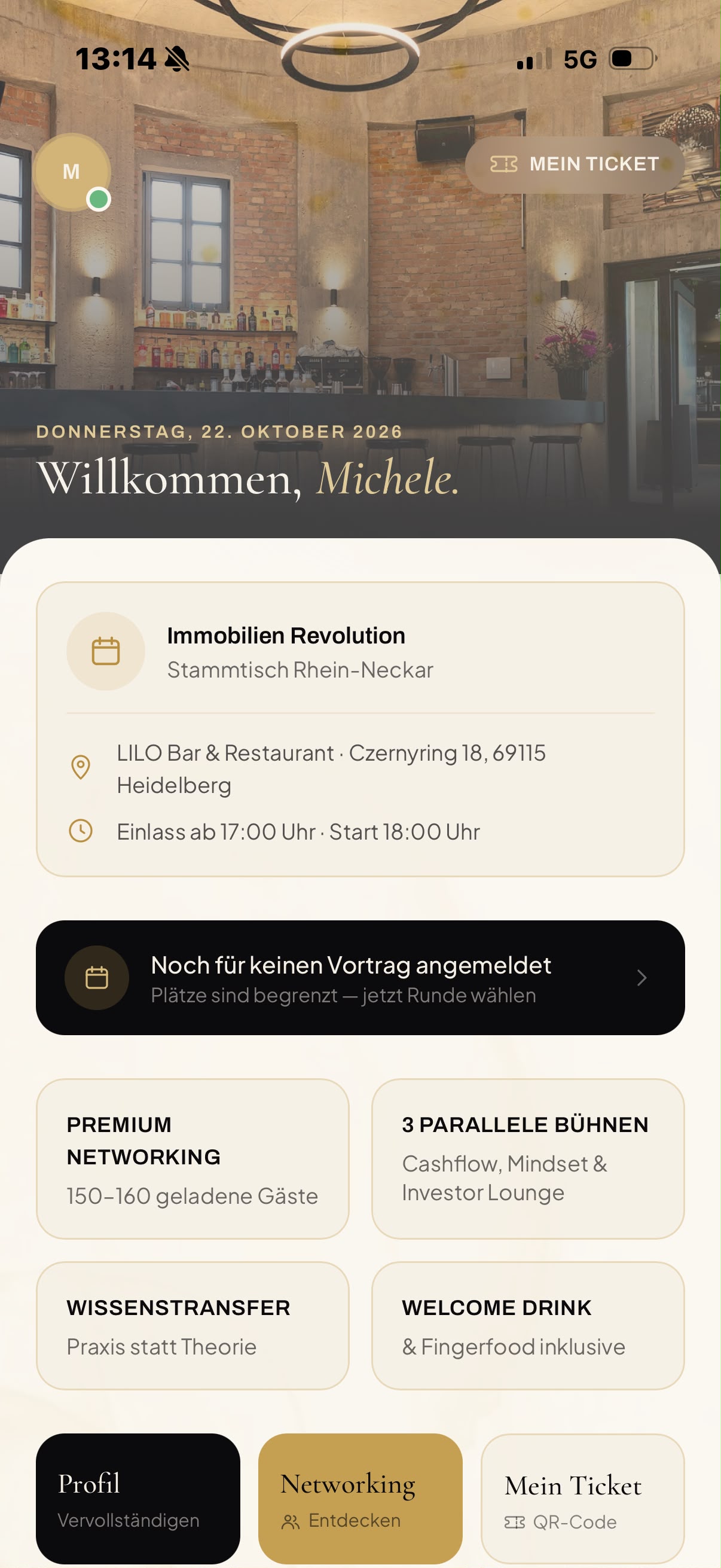 Startseite der IR-App mit Eventdaten und Ticketzugang